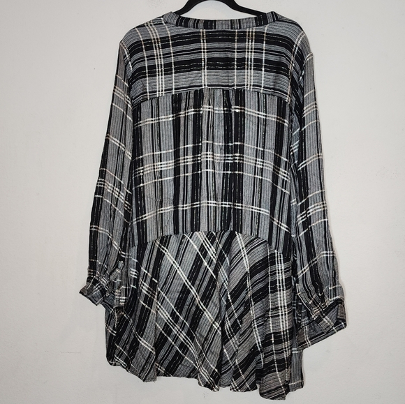 Lane Bryant Gold Metallic Black Grey Plaid Popover Button Shirt Peplum Back 3X - Picture 11 of 16